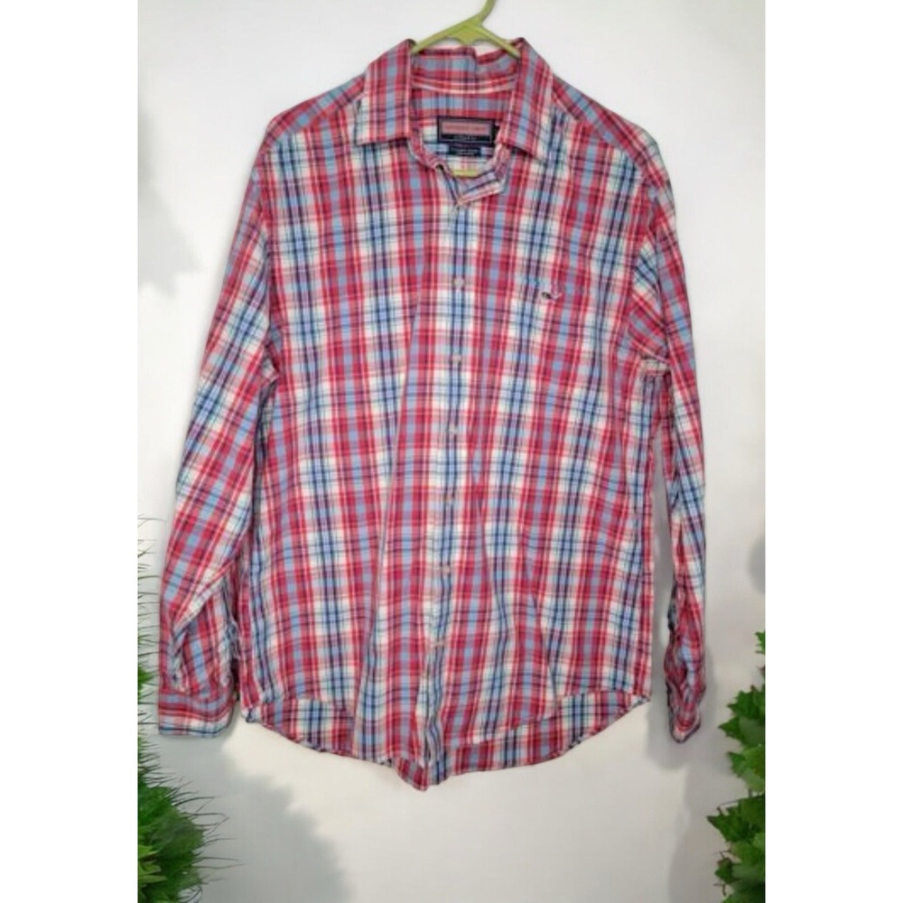 Vineyard Vines Tucker Shirt Mens Medium Red Blue Plaid Cotton Button Down worn 1